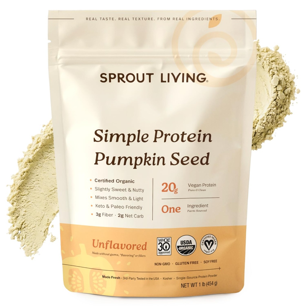 Sprout Living Organic Pumpkin Seed Protein Powder, Unflavored, 20 gram plantebasert proteinpulver uten kunstige søtningsmidler, ikke-GMO, Vegansk, Glutenfri (1 pund, 15 serveringer)