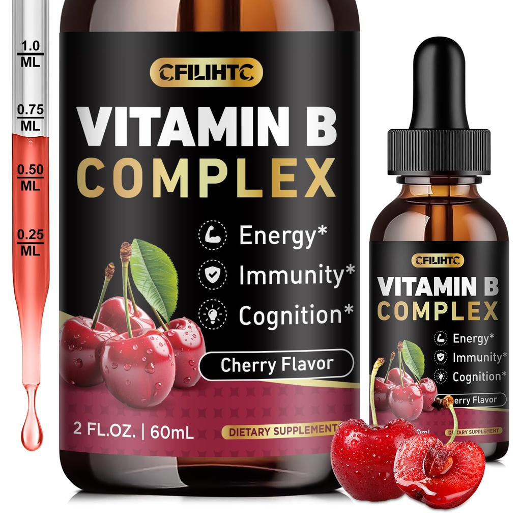 Vitamin B kompleks flytende dråper, B vitaminer kompleks Supplement med B1, B2, B3, B5 B6, B7, B9 & Metyl B12 dråper for voksne og barn, vegansk, Cherry Flavor