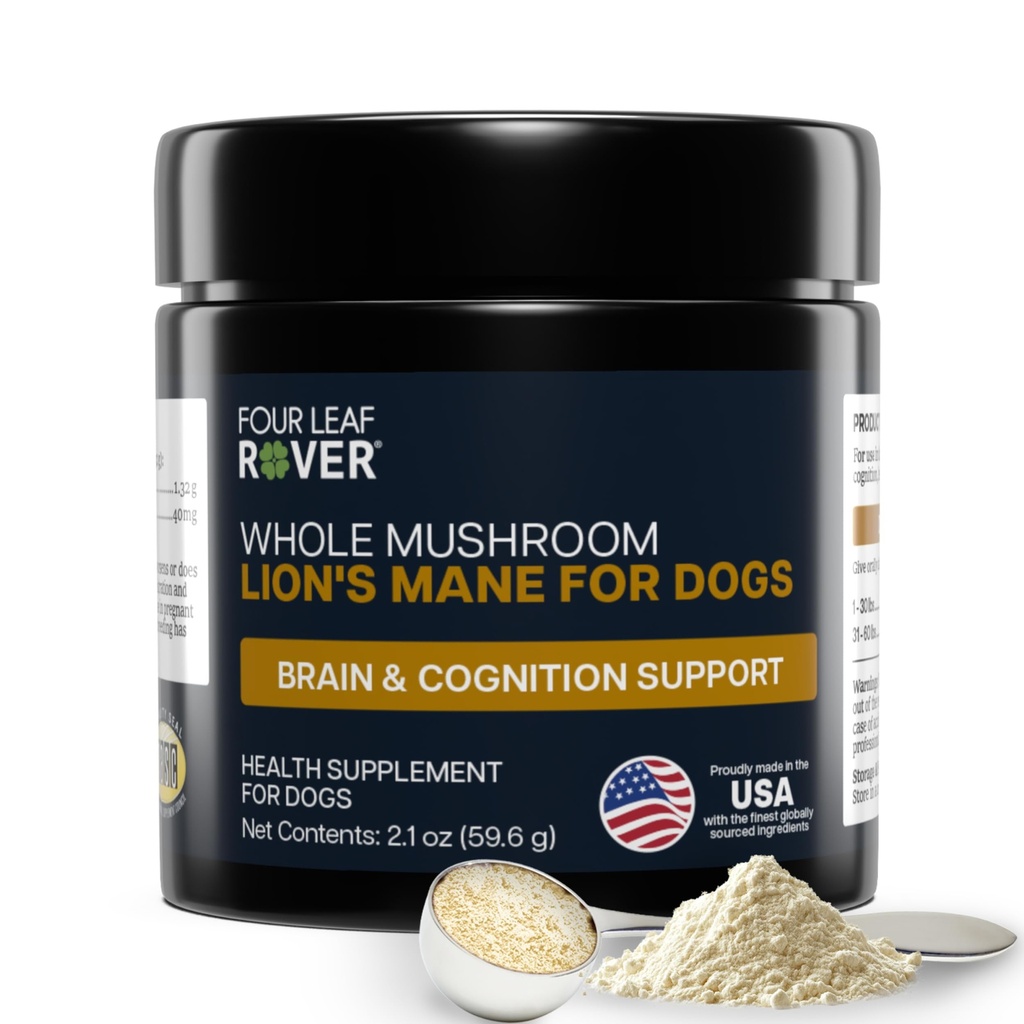 FOUR LEAF ROVER - Lion's Mane Mushrooms for Hunde - støtter sunne hjerner og nervesystem i hunder i alle aldre - organiske hele mushrooms - 3. part testet - 60 dagers stor hundeforsyning