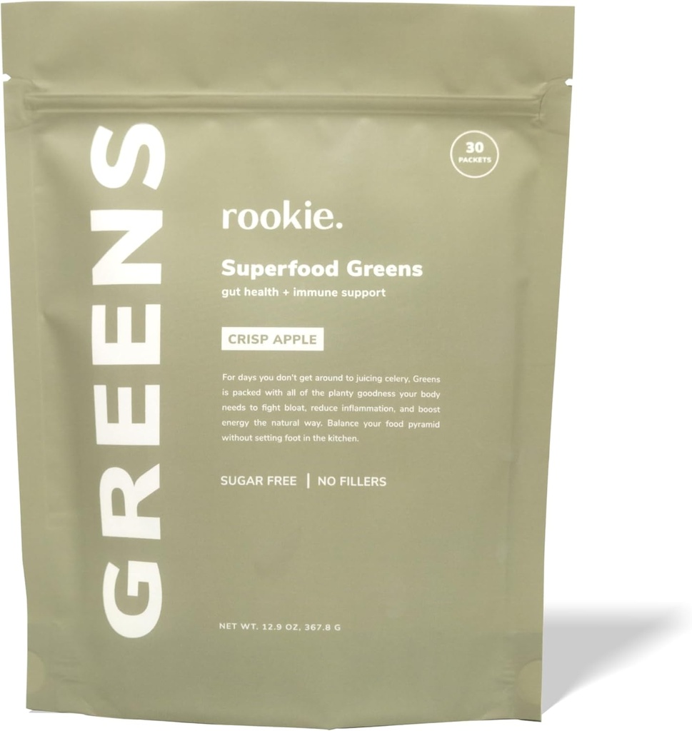 Rookie wellness Greens + Superfoods - Grønn Superfoods Powder Drink laget med hele matkilde ingredienser inneholder vitaminer, probiotika, antioksidanter og Baobab Fiber (30 Serveringer, Crisp Apple)