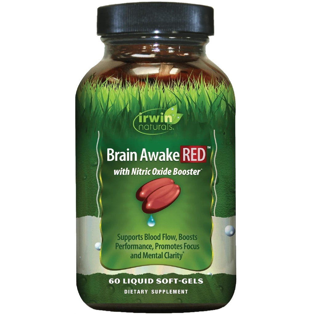 Irwin Naturals Brain Awake RED med Nitric Oxid Booster - 60 Flytende Soft-Gel - Støtte hjerne helse og optimalisere ytelse - 20 Total Services