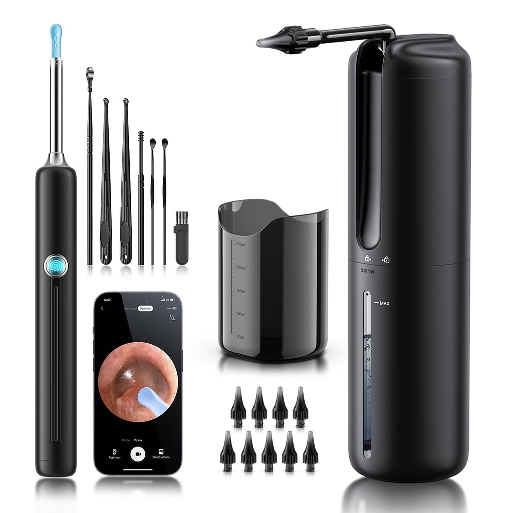 Ear Wax fjerning - Elektrisk øret Irrigation Flushing System med 4 trykkmoduser, ørerensere med kamera, 1080P Otoscope, ørerenseverktøy med 7 stk øresett, sikker og effektiv Earwax fjerning Kit