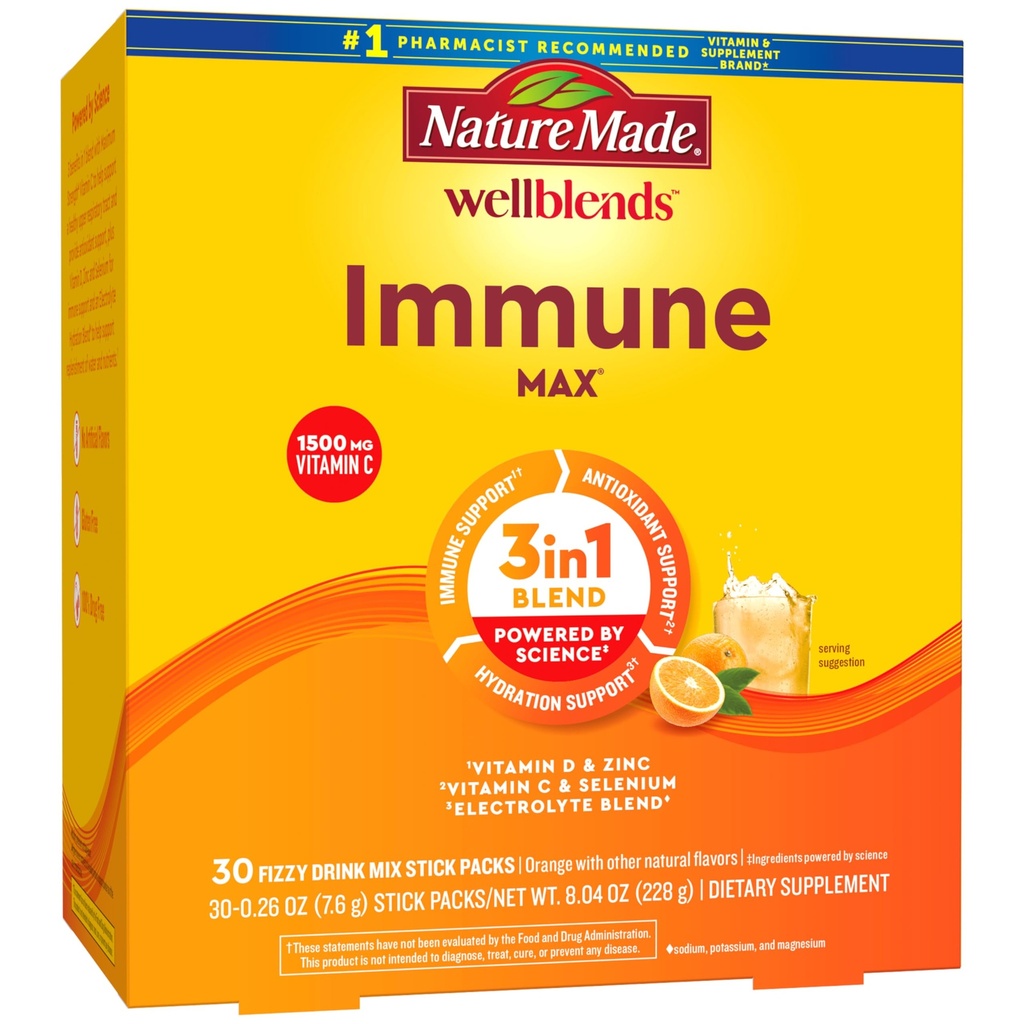 Naturlaget Wellblends ImmuneMAX Fizzy Drink Mix, Vitamin C 1500mg, Sink 15 mg, vitamin D3 1000 IE (25mg), pluss B vitaminer og elektrolytter Hydration Blend, 30 Stick Packs