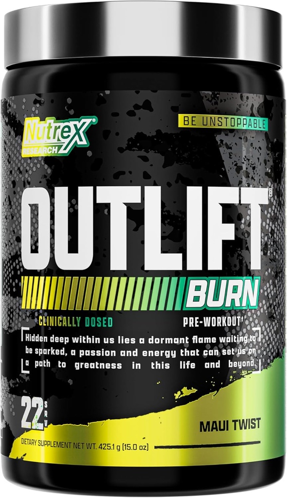 Nutrex Outlift Burn Pre-Workout Supplement for energi, fokus og utholdenhet ® Metabolyte, L-Citrulline, Beta-Alanine & Koffein ® Thermogenic Formula for ytelse (22 serveringer, Maui Twist)