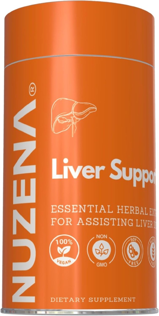 Nuzena Liver Support +, Melk Thistle Silybum Marianum, Turmeric, Dandelion Root & Artichoke Ekstrakt med essensielle vitaminer, Pakke med 60 Liver Helse Støtte Kapsler, laget i USA