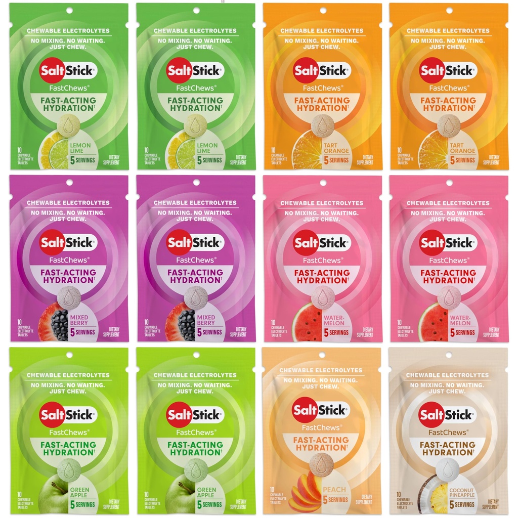 SaltStick Electrolyte FastChews - 120 greve Variety Pack - Chewable Electrolyte Tabletter for Hydration, Salt Tabs - 10 greve (Pack of 12)