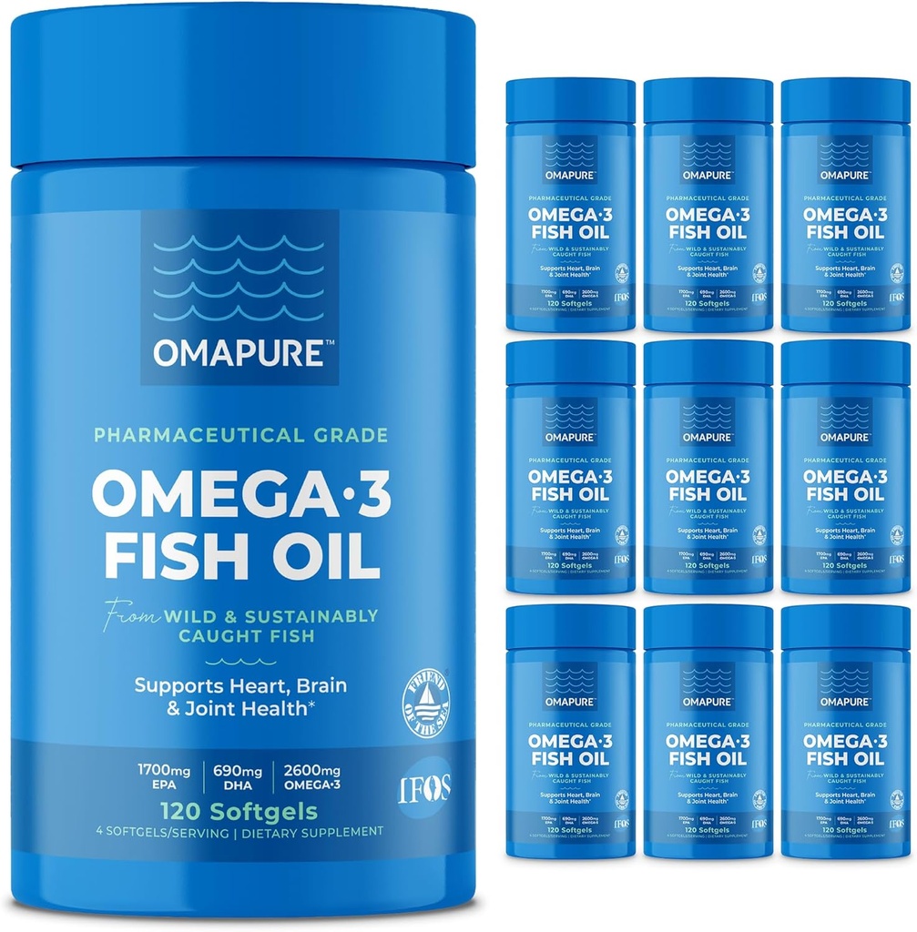 OMAPURE Wild Caught Omega-3 Kosttilskudd med høy EPA & DHA (10 flasker, 120 Softgels) - Burpless Formula støtter hjerte & felles helse, fremmer hjernefunksjon