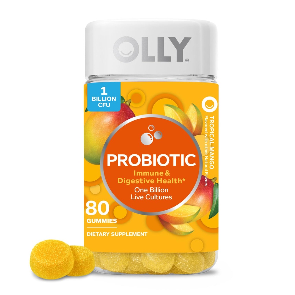 OLLY Probiotic Gummy, immunsystem og digestiv støtte, 1 milliard CFUs, Chewable Probiotic Supplement, Mango Flavored, 40 dagers forsyning - 80 greve