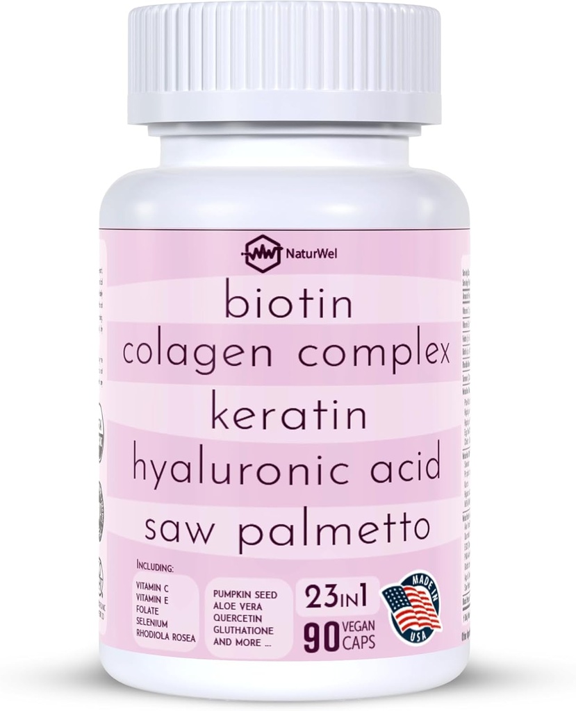 Collage 1000mg Rhodiola Rosea 2500mg Biotin 10.000mcg, Hyaluronsyre, DHT Blocker, Vitamin C & E, Folsyre, Aloe Vera, Quercetin, Grønn te, Keratin, MSM - 90 greve (Pack of 1))