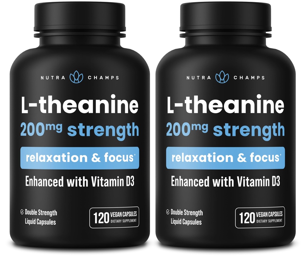 NutraChamps L-Theanine 200 mg kapsler, dobbel styrke L-theanin flytende med vitamin D3, organisk kokosolje, 120 vegansk kapsler (pakke med 2)