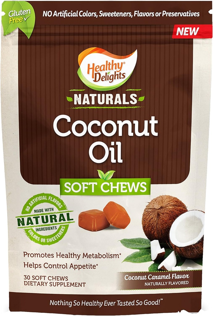 Sunn Delights Naturals, Kokosolje Myk Chews, fremmer sunn metabolisme, hjelper kontroll aptit, Delicious Coconut Caramel Flavor, 30 greve