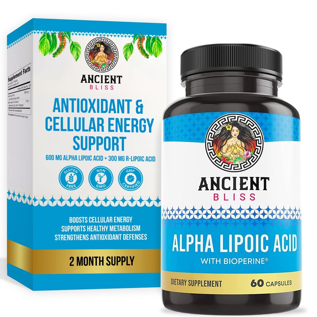Gamle Bliss Alpha Lipoic Acid Supplement, Antioksidant og energi støtte, ALA Supplement med bioperin, Ingen Gluten og soya, 600 mg per servering, 60 Vegan Kapsler
