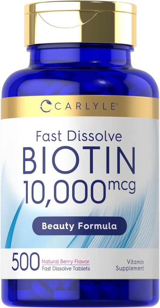 Carlyle Biotin 10 000mcg | 500 raske oppløsningstabletter | for hår, hud og negler | Maksimal styrke | Vegetarisk, ikke-GMO, Glutenfri Supplement