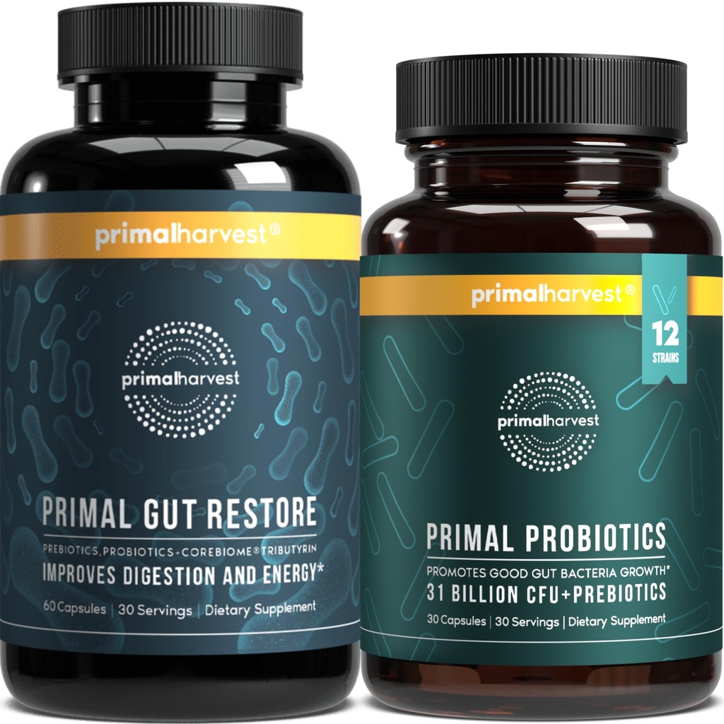 Primal Harvest Probiotika & Gut Helse Supplement for kvinner og menn Pre og Probiotika med 31 milliarder CFU og Gut gjenopprette Digestion Pills Bundle