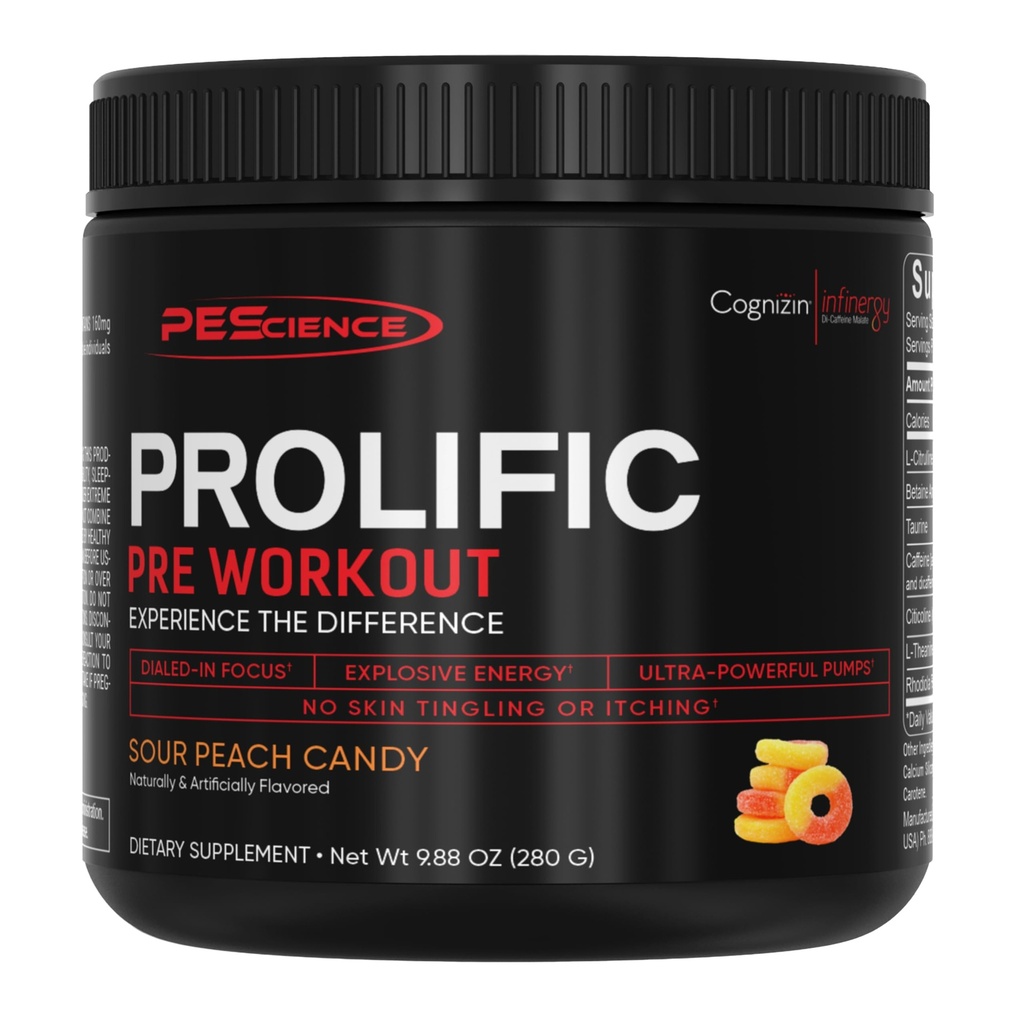 PEScience prolific pre trening pulver for menn og kvinner med L-Citrulline Nitric Oxid Booster, energi pulver & nootropic for fokus – preworkout uten Beta Alanine – 40 Scoops, Sour Peach Candy
