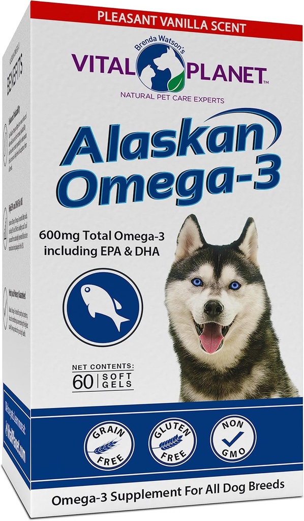 Vital Planet - Alaskan Omega-3 Fish Oil Supplement for hunder med 600 mg Omega-3, høy i DHA og EPA fra Sustainly Harvested Wild Fanget Cold Water Fish, 60 Vanilla Softgels