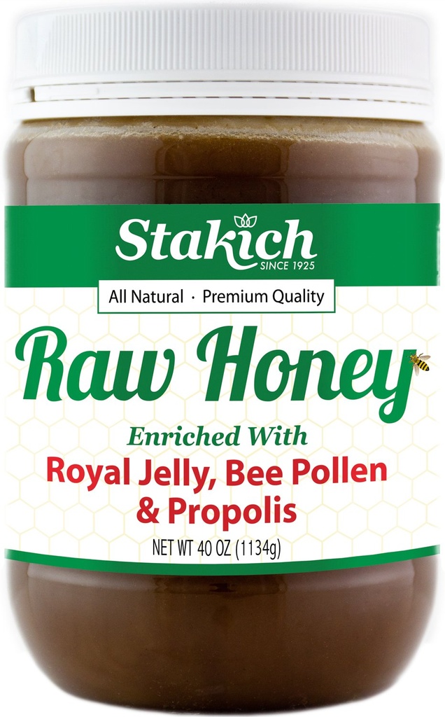 Stakich Royal Jelly, Bee Pollen, Propolis Raw Honning - ren, ubearbeidet, uoppvarmet - 40 Ounce