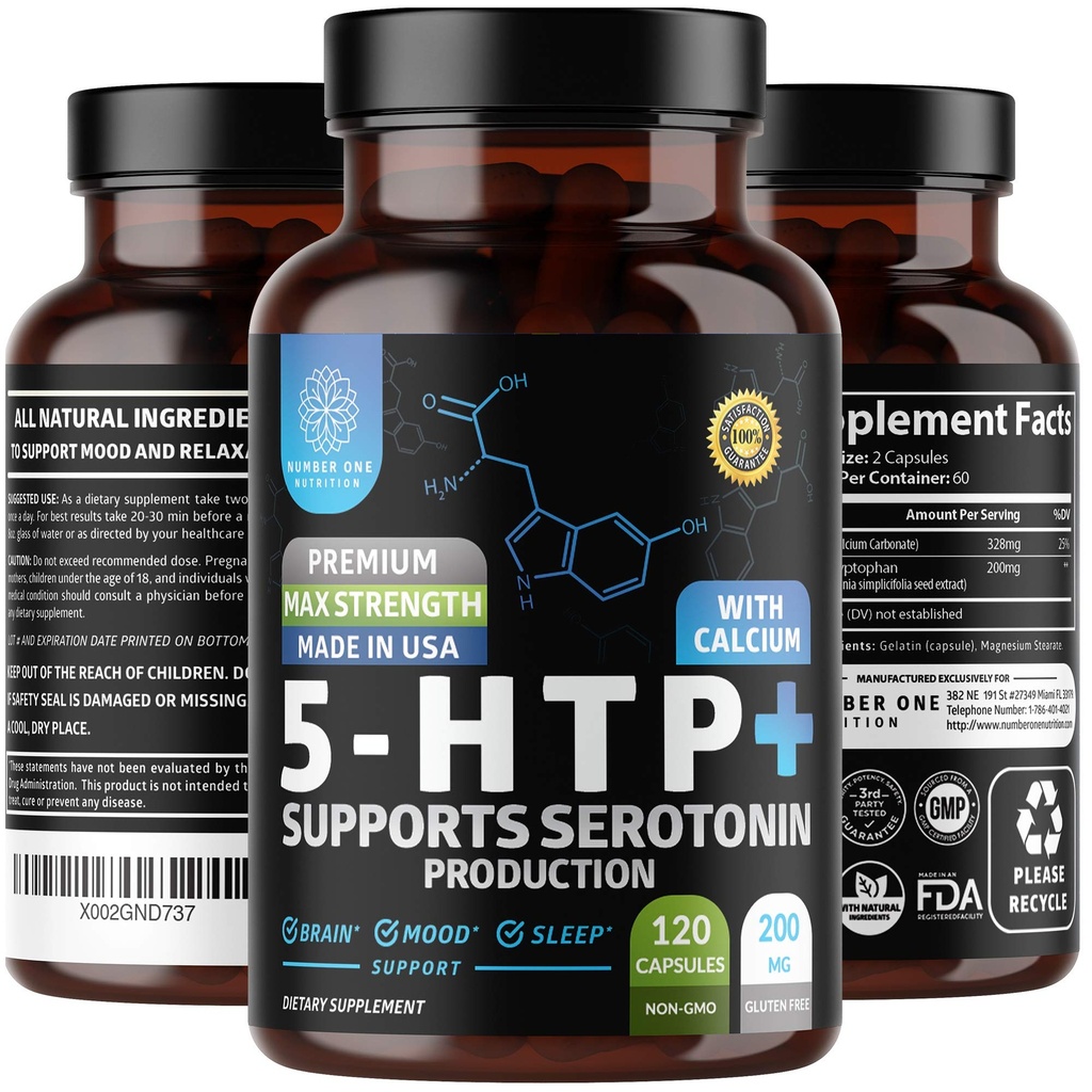 N1N Premium 5-HTP 200mg Plus Kalsium, laget av Griffonia Seed Extract, Ikke GMO og Glutenfri, 120 Caps