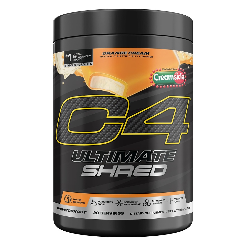 Cellucor C4 Ultimate Shred Før Trening pulver, Metabolisme Supplement med Cayenne Extract + 300mg Koffein + TeaCrine +Dynamine - Orange Cremesicle, 20 serveringer