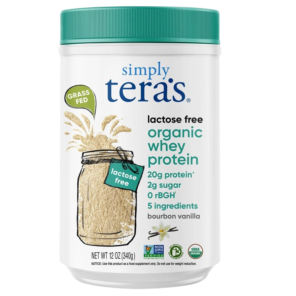 Bare Tera's Laktose Gratis Organic Whey Protein Powder - Laktose Free, Vanilla, 20 g Protein Per Serving, Ikke-GMO, Glutenfri, RBGH-fri, Kosher - 12 Oz