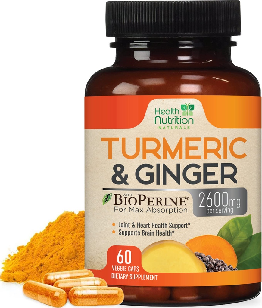 Gurkemeie Curcumin Supplement 2600mg - med organisk ginger og gurkemeie, 95% curcuminoids, BioPerine Black Pepper for beste absorpsjon, Naturens vegan felles støtte, ikke-GMO, flaske i USA - 60 kapsler
