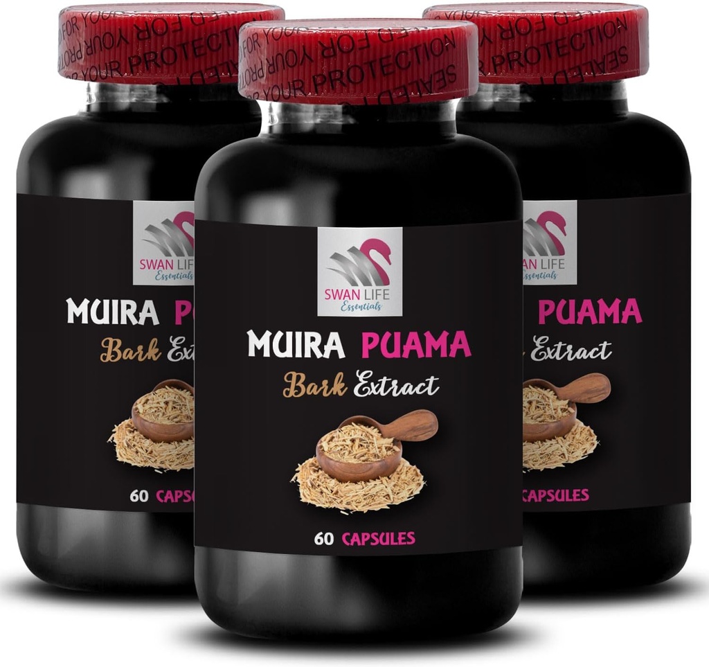 Herbal Support - MUIRA PUAMA BARK EXTRACT - Energisynergi, Endurance Lift, Plantebasert reviv, Energigivende blanding, Daglig opplading, Fokuskraft, Livsstil Aktivering 3 flasker 180 Kapsler