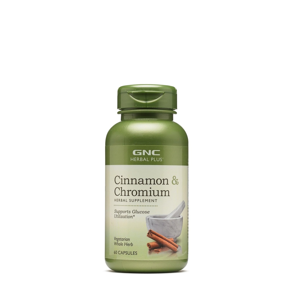 GNC Herbal Plus kanel og kromi kosttilskudd, vegetarianer, støtter glucose bruk, 30 serveringer