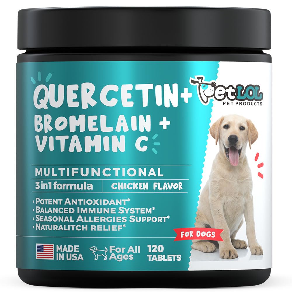 Quercetin for hunder med Bromelain & Vitamin C - Allergy & Itch Relief, Immun & Inflammatory Support - 120 Chewable Tabletter laget i USA