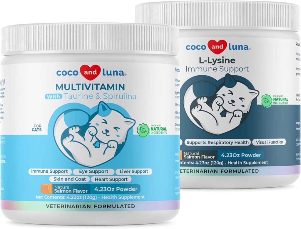 Lysin + Multivitamin for katter - Immunstøtte, hud og coat helse, øyestøtte - med EPA og DHA, Taurin og Spirulina