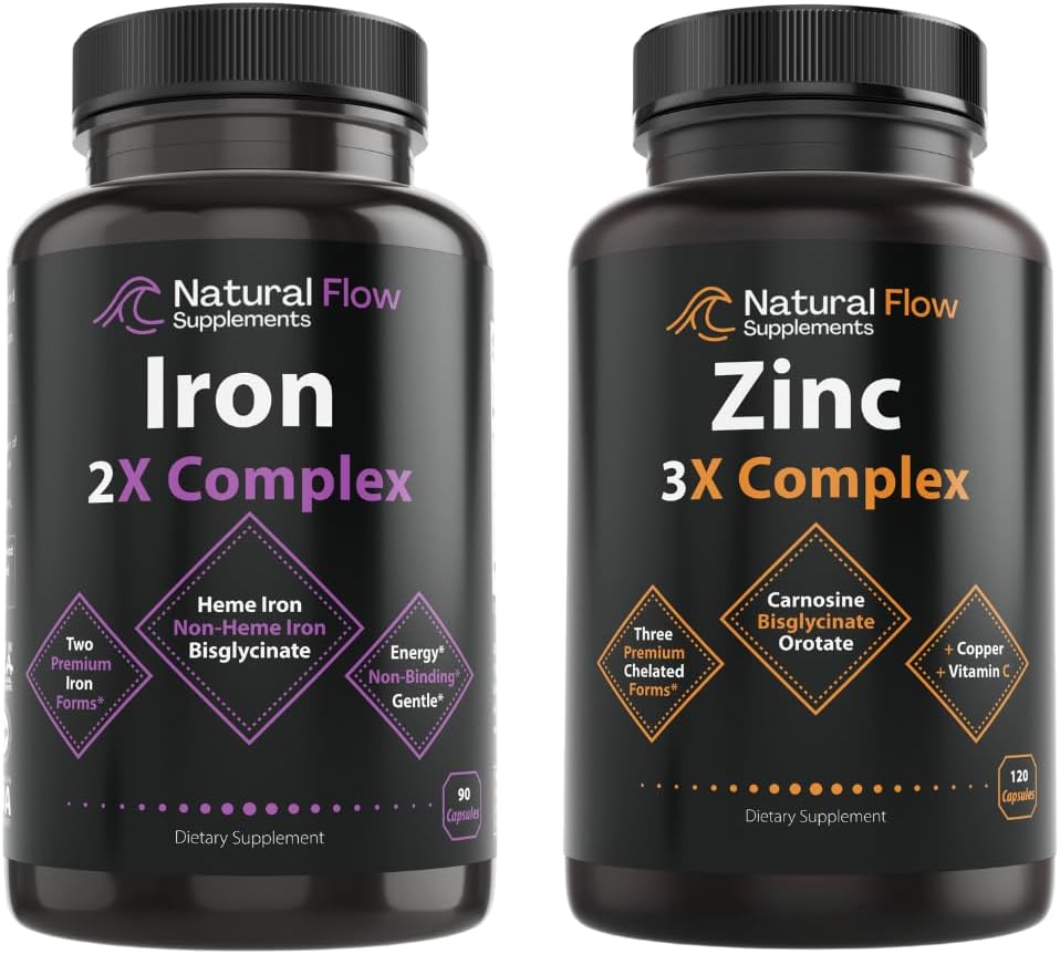 Sink Supplement Kompleks med kobber og vitamin C - naturlig flyt 3X sink karnosin og jern Supplement 2-i-1 komplett kompleks - naturlig flyt 2X Heme og Chelated Non Heme Iron Bisglycinate