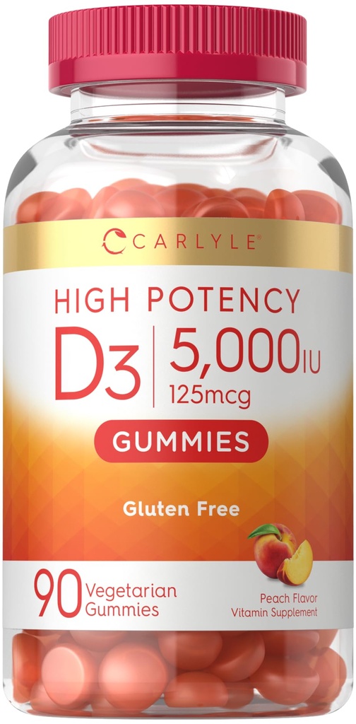 Carlyle vitamin D3 Gummies | 5000 iu | 90 greve | Peach Flavored Gummy | høy styrke for voksne | Vegetarisk, ikke-GMO, Glutenfri Supplement