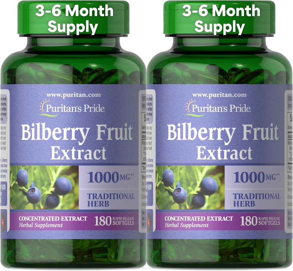 Puritans Pride Premium Bilbær Frukt Ekstrakt 250 mg (1000 mg ekvivalent), 4:1 Konsentrert Tradisjonell Herbal Supplement, Vitamin C, 3 til 6 måneders forsyning, 180 Rapid Release Softgels 2-Pack