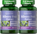 Puritans Pride Premium Bilbær Frukt Ekstrakt 250 mg (1000 mg ekvivalent), 4:1 Konsentrert Tradisjonell Herbal Supplement, Vitamin C, 3 til 6 måneders forsyning, 180 Rapid Release Softgels 2-Pack