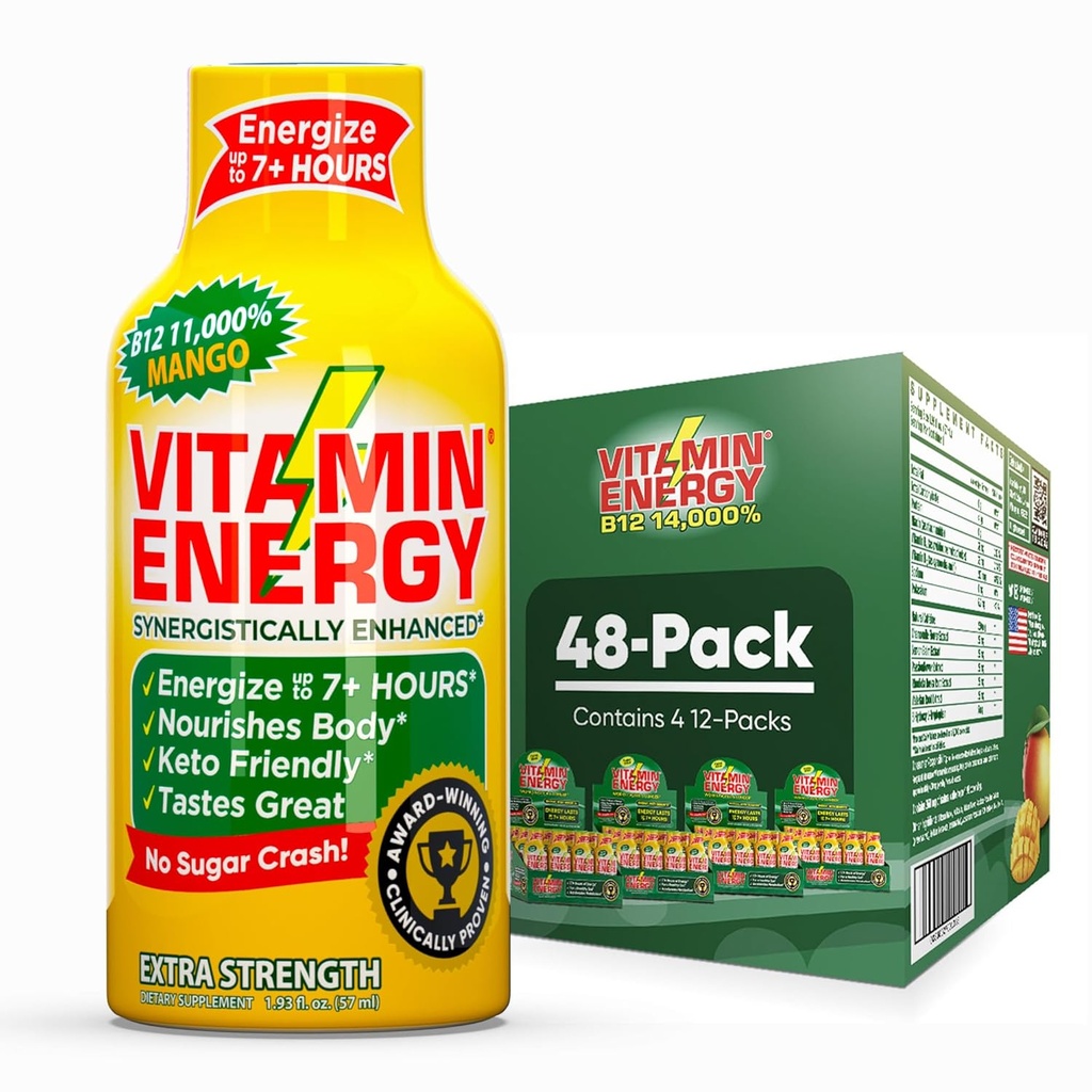 Vitamin energi B12 11 000% Ekstra styrke energi Shot Mango 48 Pack, 260 mg naturlig kaffe, B12 & B6, nootropisk fokus, vitalitet, null sukker, glutenfri, vegansk, kosher, 1,93 fl oz
