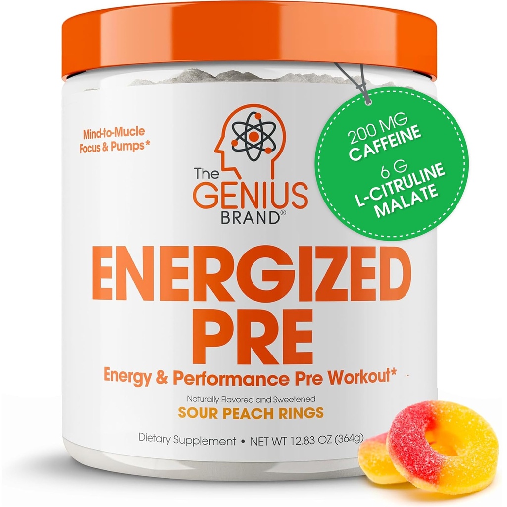 Genius Energized Pre Trening Powder – Koffein Infunded Pre-Workout Booster Supplement med Beta Alanine & Alpha GPC, Ingen kunstige søtemidler eller dyser - 200mg Koffein, 20 serveringer, Sour Peach Ringer