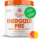 Genius Energized Pre Trening Powder – Koffein Infunded Pre-Workout Booster Supplement med Beta Alanine & Alpha GPC, Ingen kunstige søtemidler eller dyser - 200mg Koffein, 20 serveringer, Sour Peach Ringer