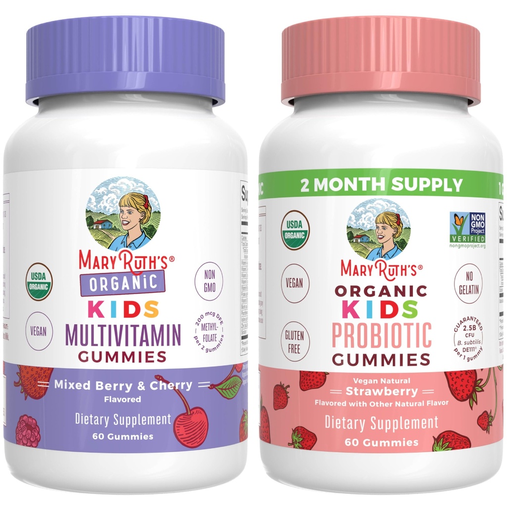 MaryRuth Organics Gummies For Kids-Multivitamin (Mixed Berry & Cherry), & Probiotic (Strawberry) $SA Organic, No Gelatin! Vitaminer for immunisme, Gut helse, & total velvære | Vegan, ikke-GMO