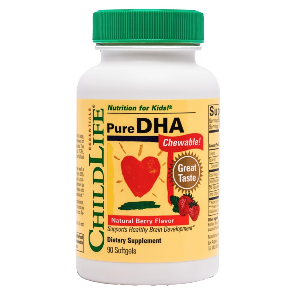 CHILDLIFE ESSENTIALS Pure DHA for barn - DHA Supplements, DHA EPA Omega 3 Supplement, Barn DHA Chewables, Baby DHA, Fiskeolje til tilhengere, Glutenfri - Naturlig Berry, 90 Softgels (pakke av 1)