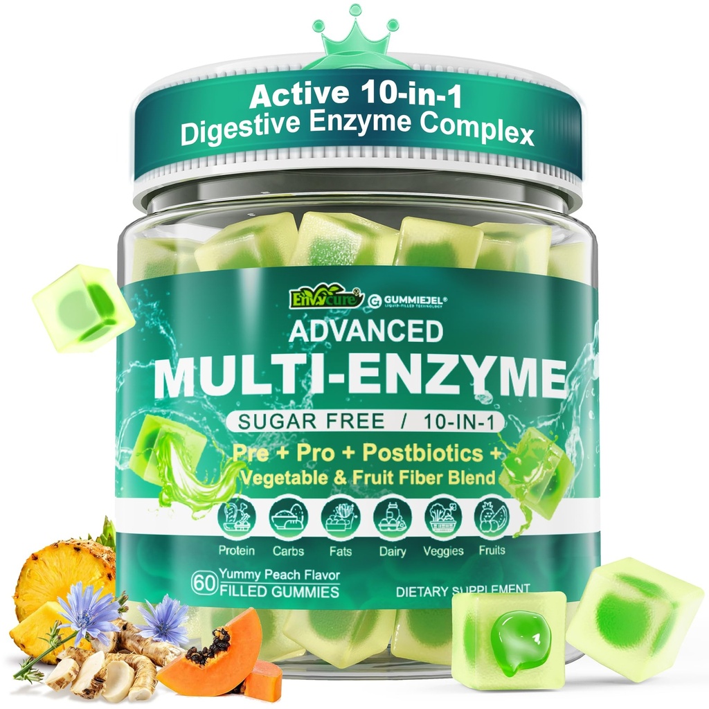 Digestive enzymer Gummier for kvinner og menn, multi-enzymer med 90 milliarder CFU probiotika og prebiotika og postbiotika, grønnsaker og fruktfiber blanding, super enzymer for digestive og gut helse, Immune,60Cts