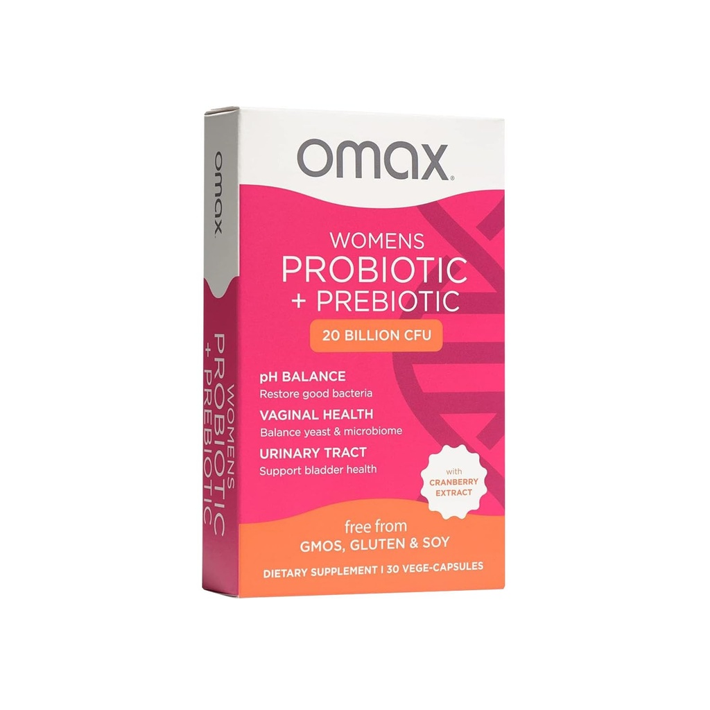 Omax Helse Prebiotika og probiotika Kompleks for kvinner, pH-balanse, vag helse, urinveistrakt, Yeast & BV Forebygging, Lactobacillus & Bifidobacterium | Vegan, organisk, Glutenfri | 30 Vege-kapsler