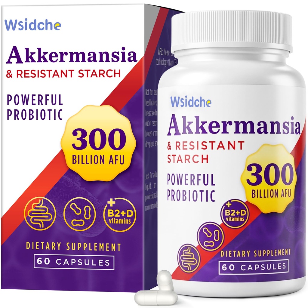 300 milliarder AFU Akkermansia Probiotic | GLP-1 Supplement for kvinner og menn, Akkermansia Mucinifila for GLP-1, Digestive, Gut, Immune, Forbedrer Gut Digestive Lining funksjon, Akka Superbiotika - 60 Caps