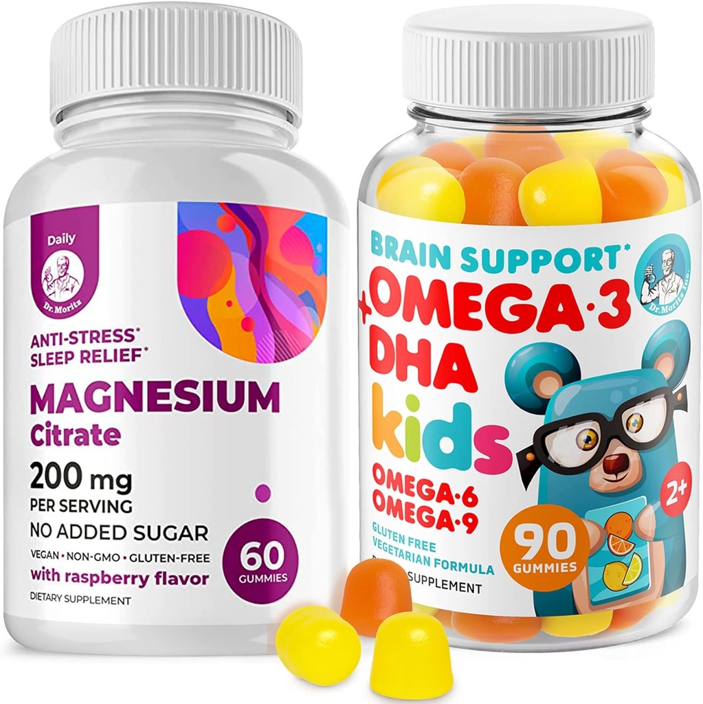 Omega3 Gummier til barn med Omega 6&9 og Magnesium Gummier - DHA Barn Brain Supplement for hjerte og visjon Support - Ingen fiskolje og glutenfri immunhelse med sukkerfri magnesium