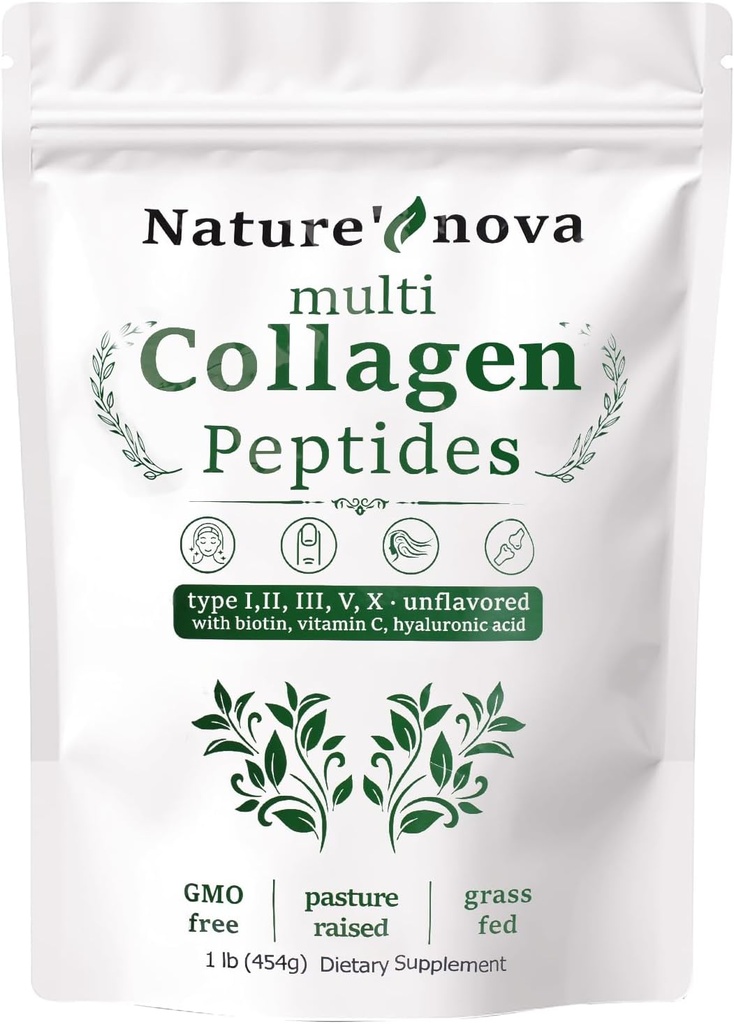 Naturens Nova Multi Collagen Peptides pulver - Type I,II,III,V,X med Biotin, Hyaluronsyre, vitamin C - Unflavored, lett oppløst, Ikke-GMO