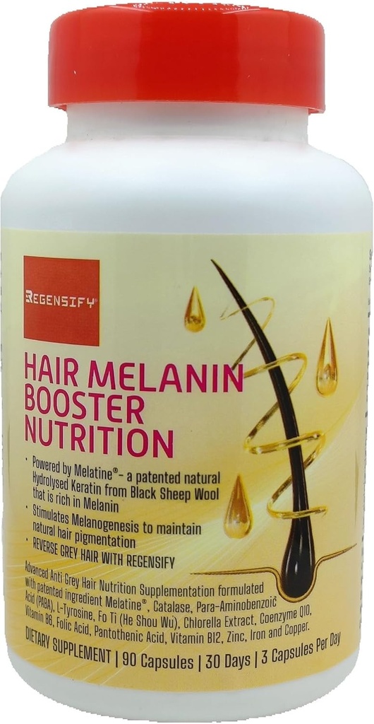 REGENSIFY Hår Melanin Booster Nutrition [Anti Grå Hår Supplement for menn og kvinner | Melatine®, Catalase, PABA, L-tyrosin, Han Shou Wu, Klorella ekstrakt, CoQ10, Folsyre, Pantotensyre]