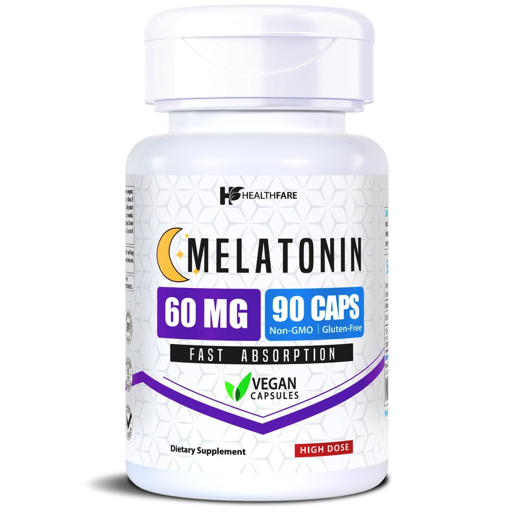 Helsefare Melatonin 60mg | 90 Veg Kapsler | Høy styrke formel | vegetarisk, ikke-GMO, Glutenfri | laget i USA