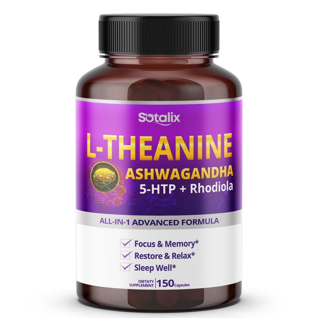 Sotalix L-Theanine Supplement med Ashwagandha 5-HTP + Rhodiola - Fokus & minne, gjenoppretting og avslapping, søvnkvalitet - USA laget og testet (150 teller)