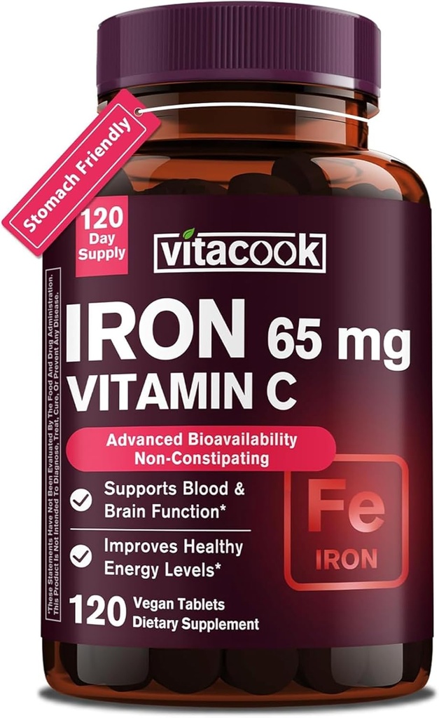Iron Supplement for kvinner menn, høy potens jern 65mg med vitamin C 250mg, magevennlig jern piller for rød blodcelle og immun støtte, ikke-GMO og glutenfri, 120 Vegan tabletter