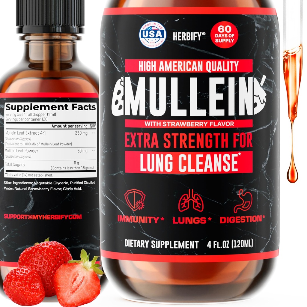 HERBIFY Mullein Drops - Lung Cleanse - Leaf Extract - Kraftig Mullein for immunsupport, Detox & Respiratory Support - laget i USA - 4 Oz Strawberry Flavor