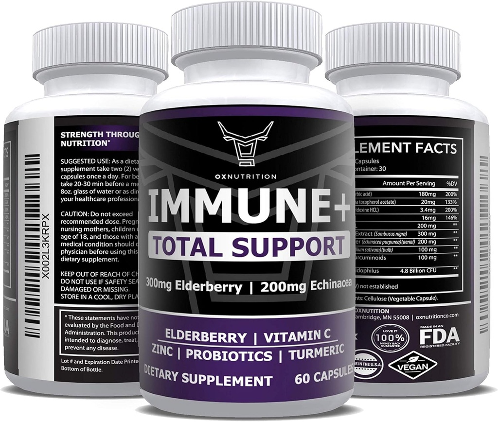 OX næring 10 i 1 eldrebær, vitamin C, sink, vitamin E, vitamin B6, Echinacea, hvitløk, gurkemeie, L-Glutamin HCL & Lactobacillus probiotika og antioksidanter for immunforsvar 1 måneds forsyning