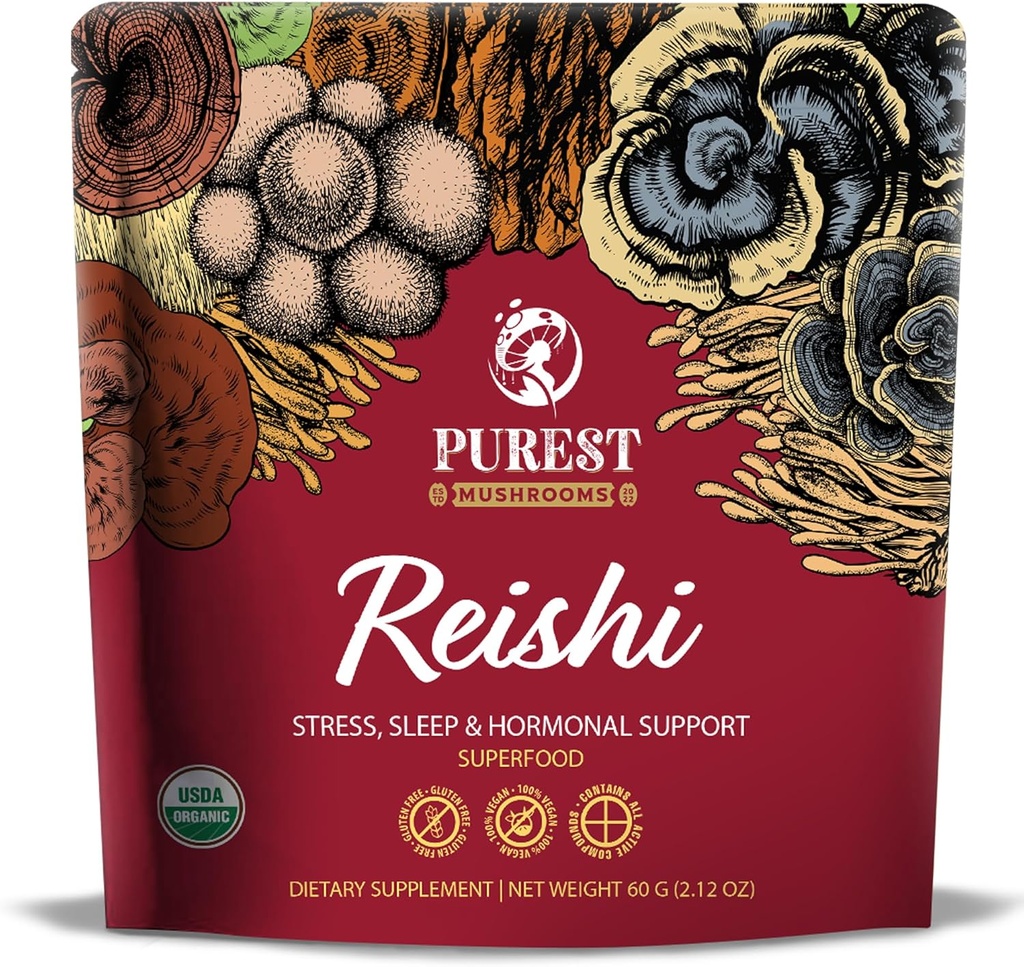 Reishi Powder - Økologisk Mushroom Extract Powder - Mushroom Supplements for immunstøtte, Stress Relief, Bedre søvn 60g